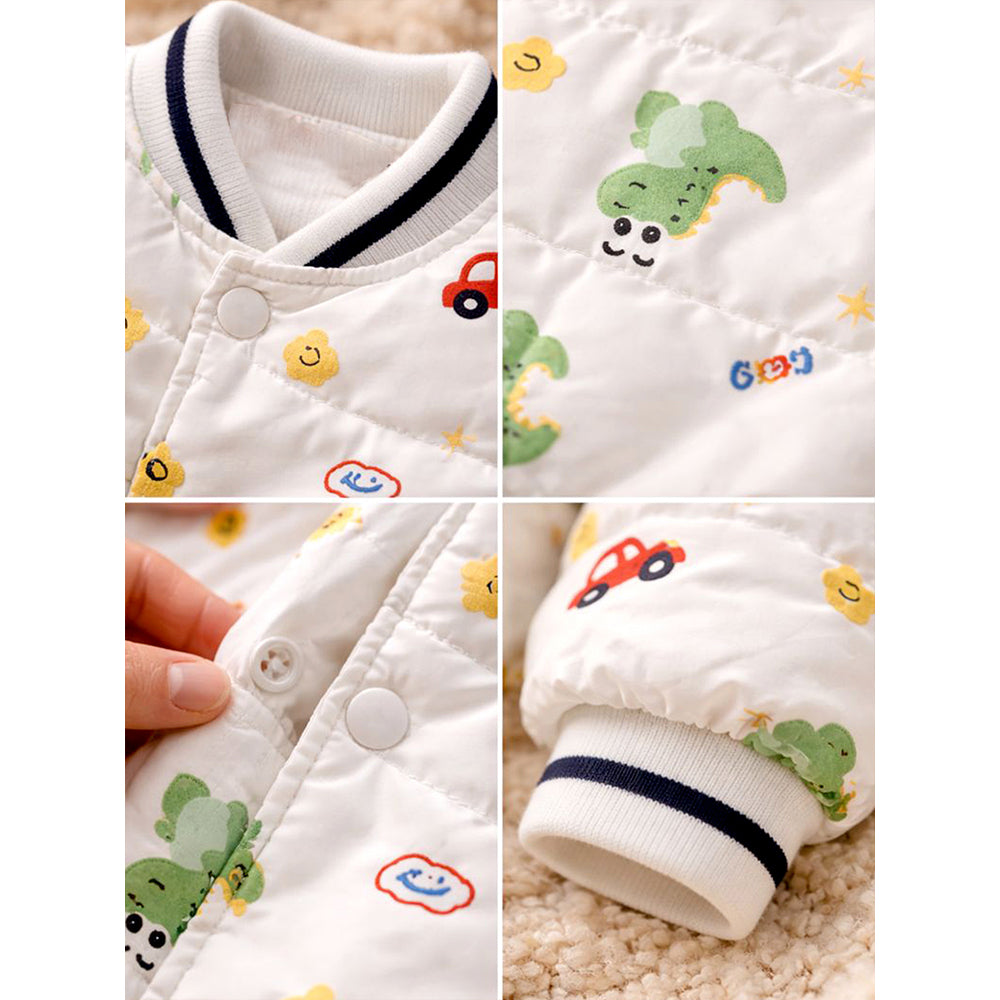 Cream Dino & Cars Winter Jacket for Kids