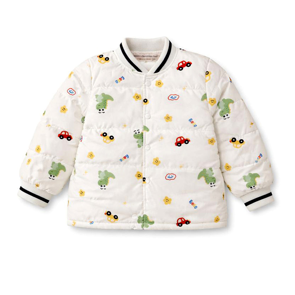 Cream Dino & Cars Winter Jacket for Kids