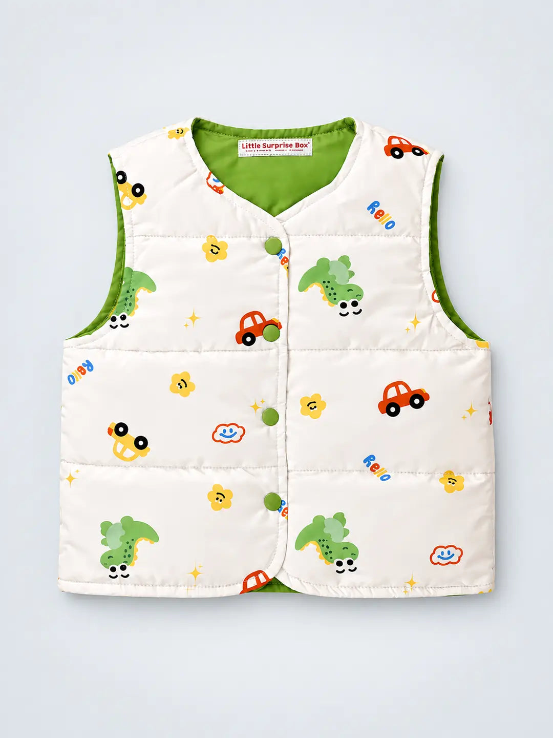 Cream Dino & Cars Reversible Sleeveless Winter Jacket for Kids