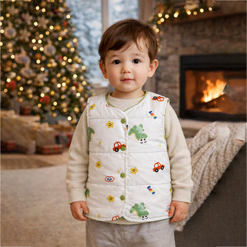 Cream Dino & Cars Reversible Sleeveless Winter Jacket for Kids
