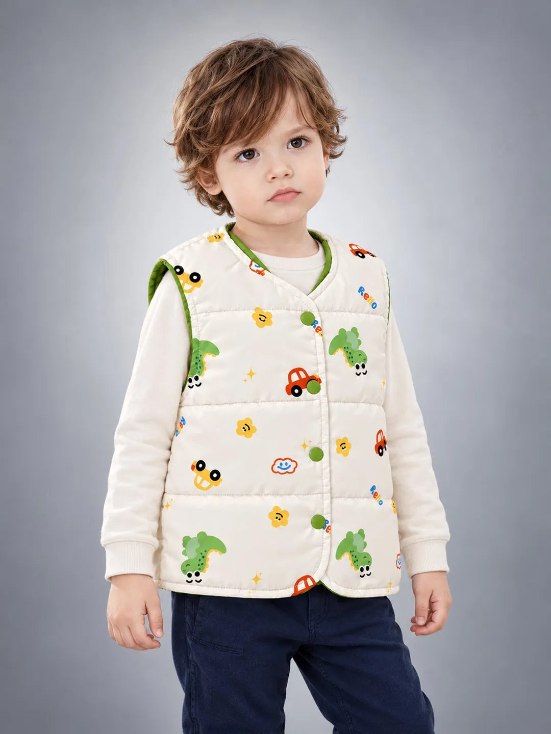 Cream Dino & Cars Reversible Sleeveless Winter Jacket for Kids