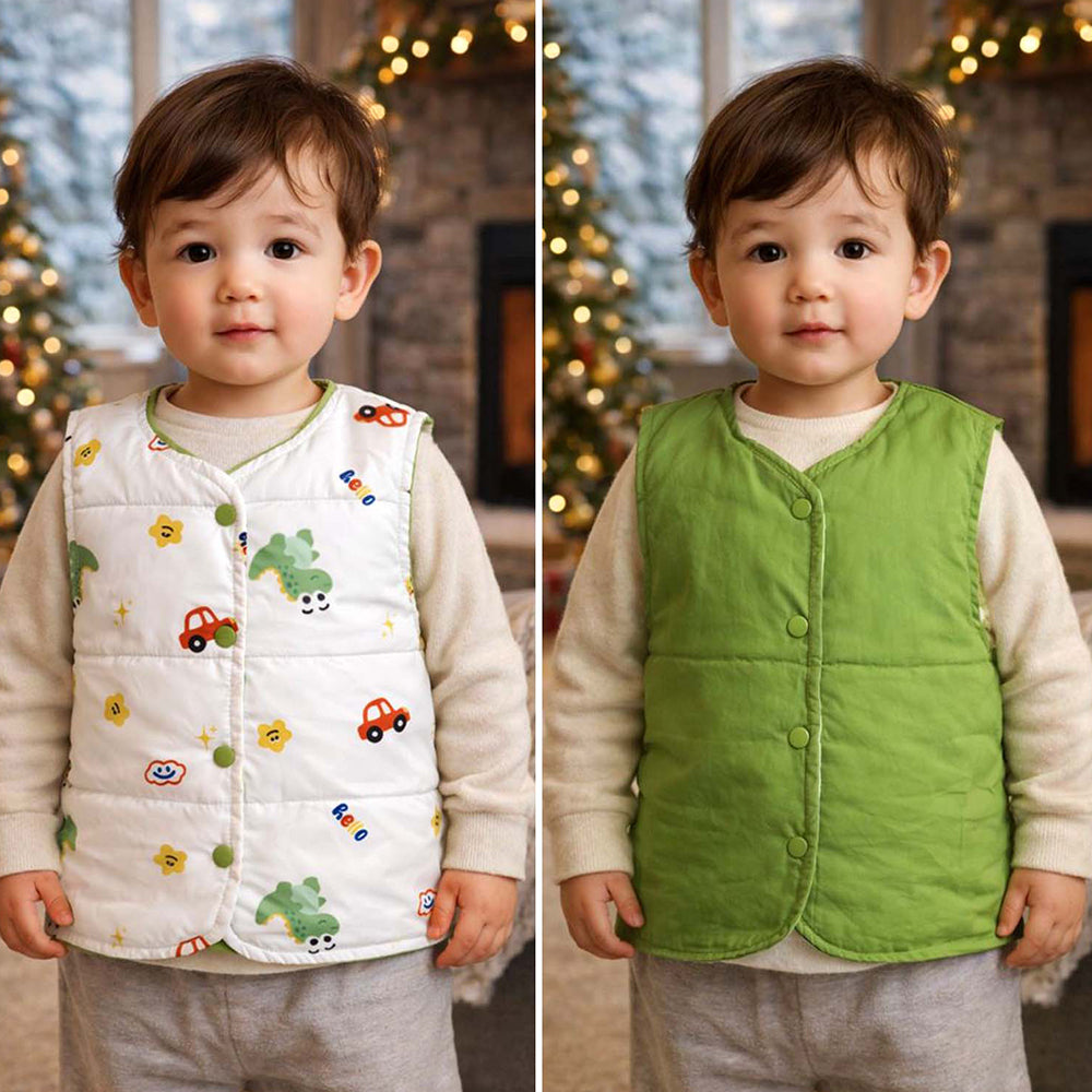 Cream Dino & Cars Reversible Sleeveless Winter Jacket for Kids