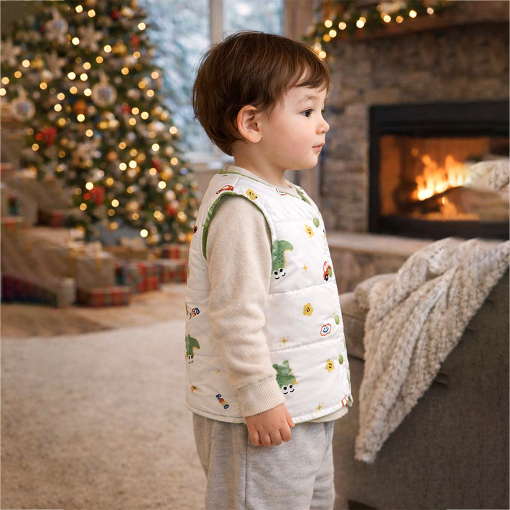 Cream Dino & Cars Reversible Sleeveless Winter Jacket for Kids