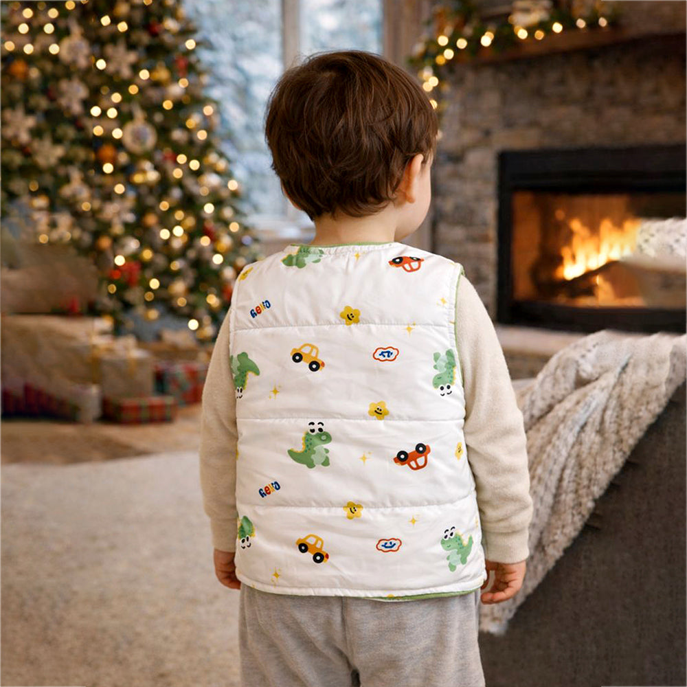 Cream Dino & Cars Reversible Sleeveless Winter Jacket for Kids