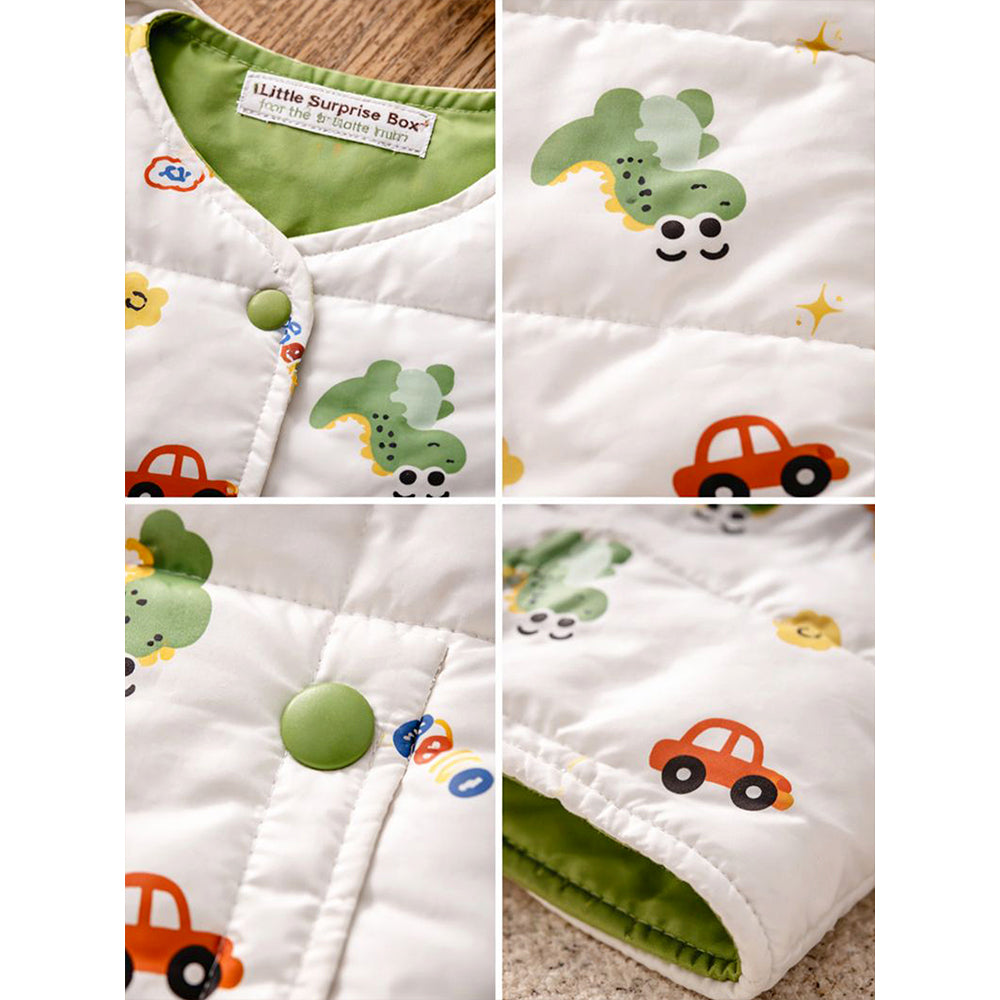 Cream Dino & Cars Reversible Sleeveless Winter Jacket for Kids