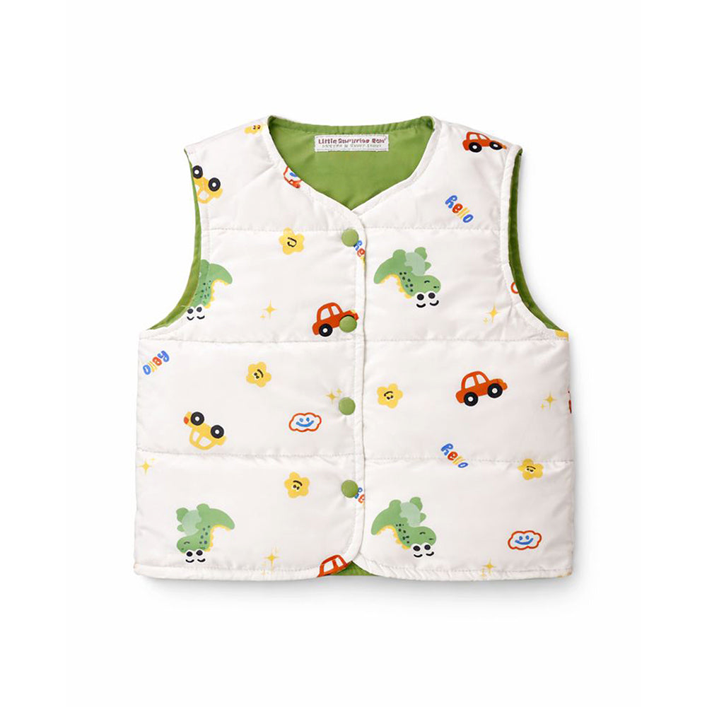 Cream Dino & Cars Reversible Sleeveless Winter Jacket for Kids