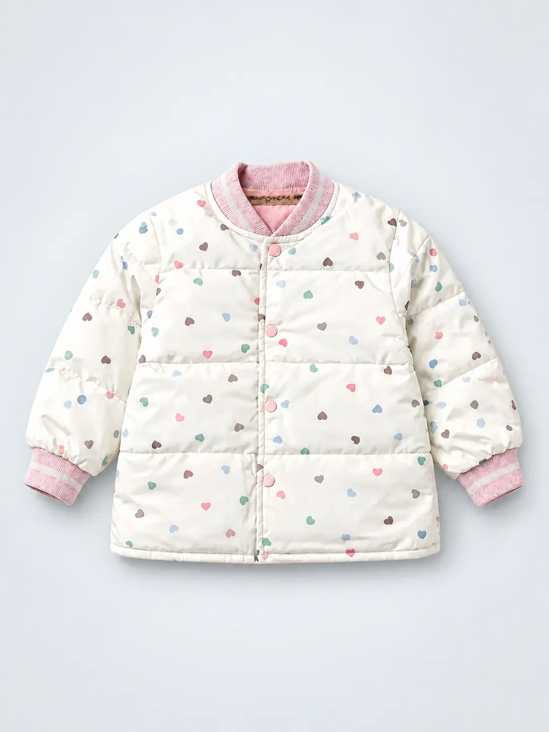 Cream Colorful Mini Hearts Winter Jacket for Kids
