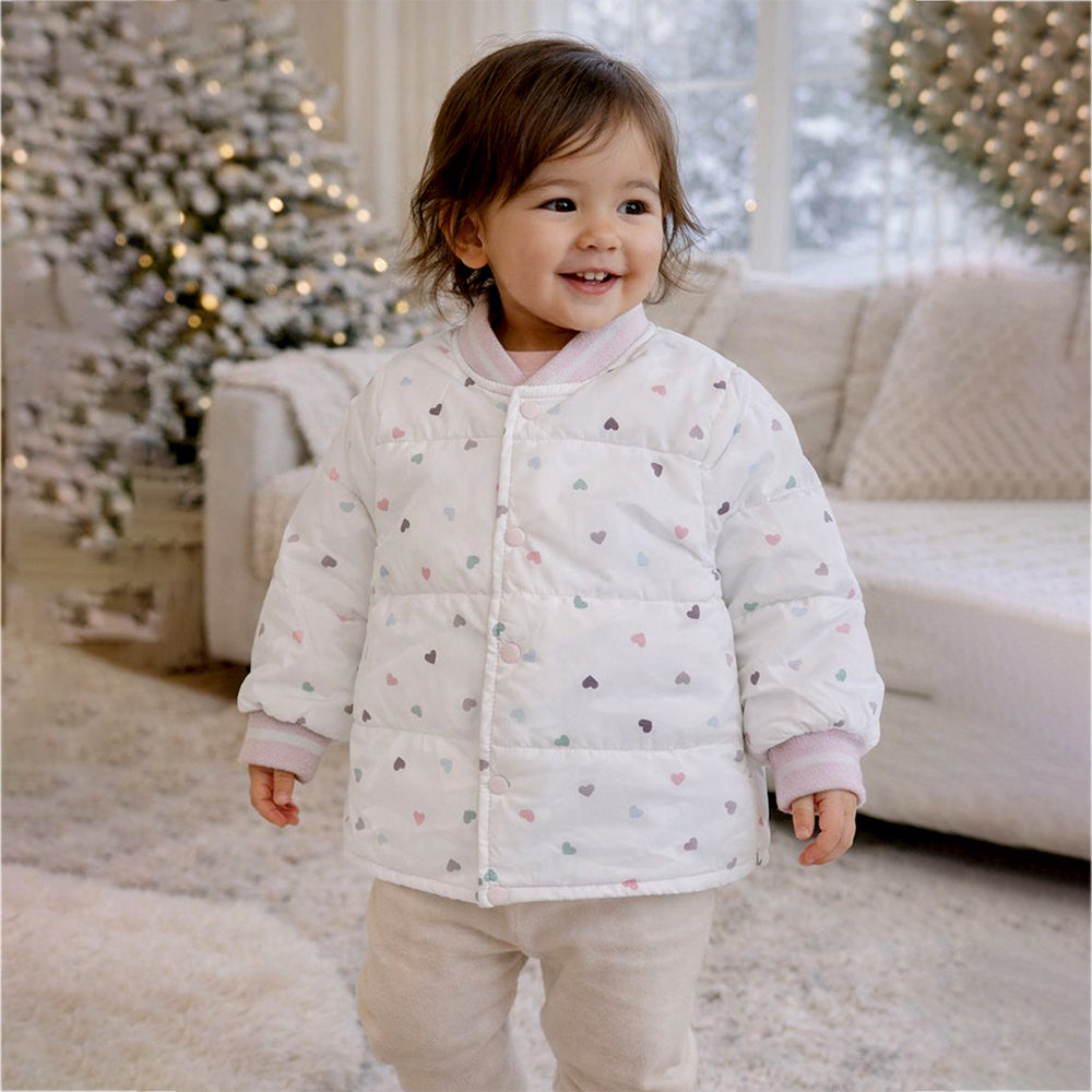 Cream Colorful Mini Hearts Winter Jacket for Kids
