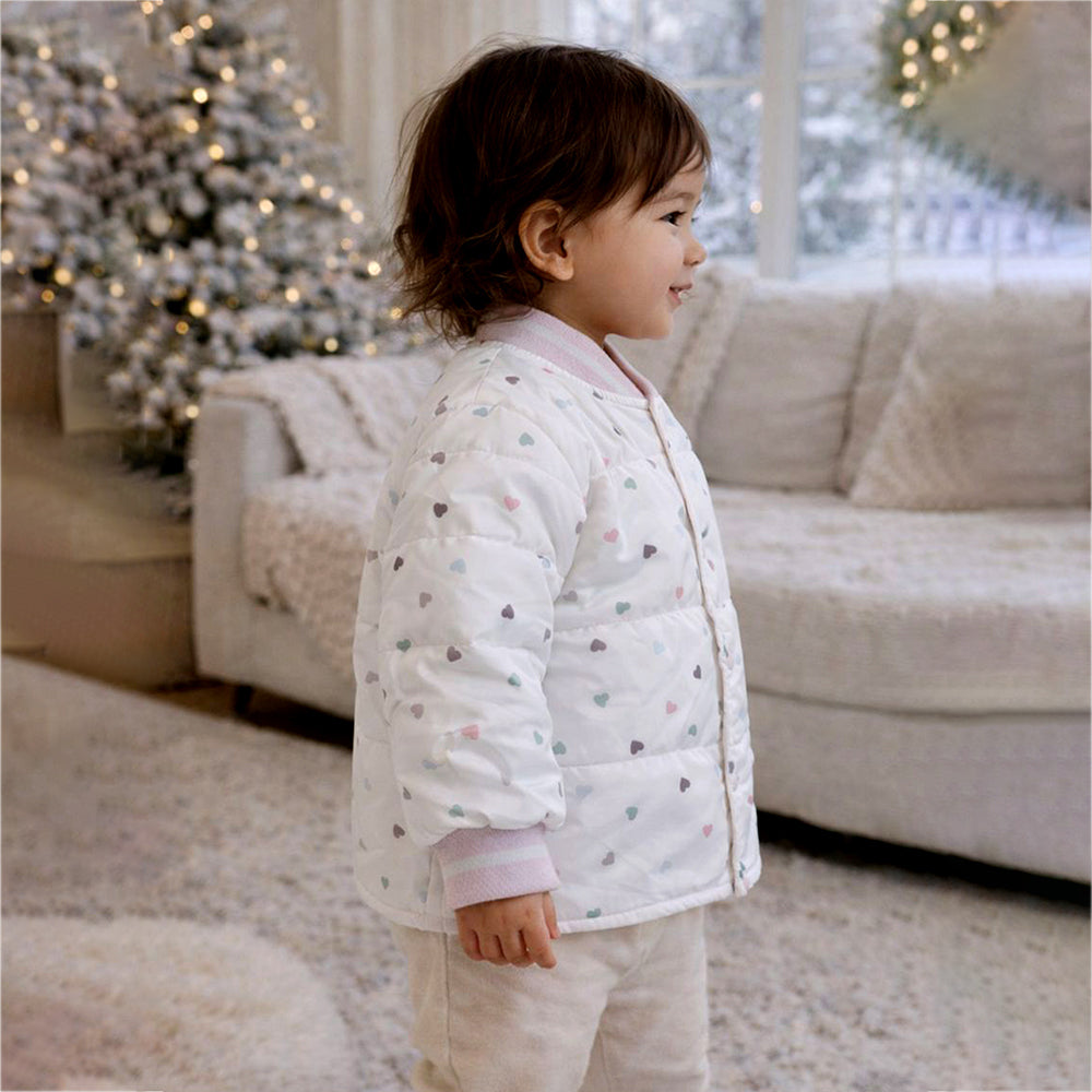 Cream Colorful Mini Hearts Winter Jacket for Kids