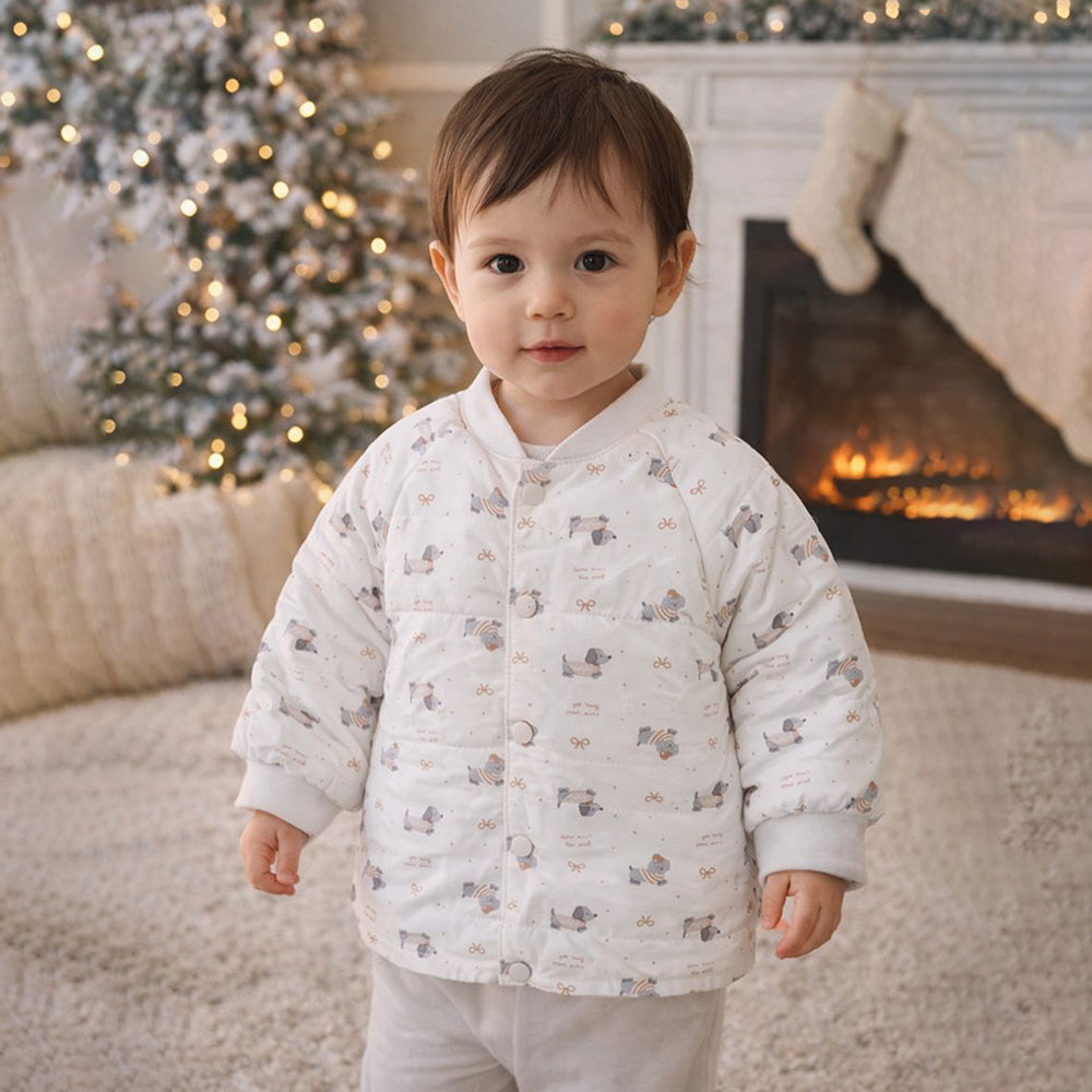 Cream Puppy & Bow Theme Winter Jacket for Kids