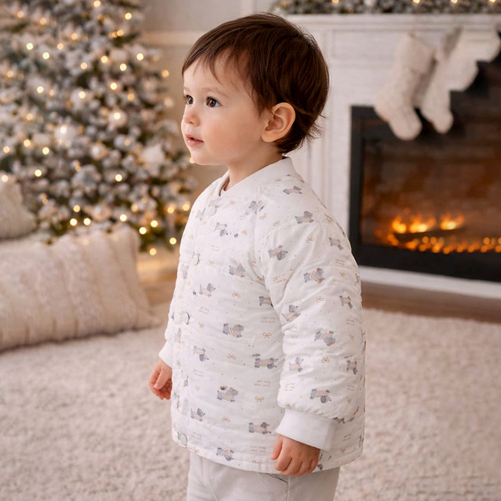 Cream Puppy & Bow Theme Winter Jacket for Kids