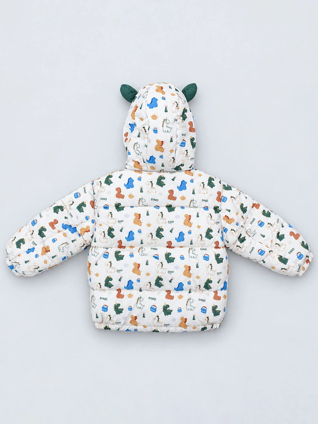 Cream & Green Baby Dino Quilted Hooded Winter Jacket for Kids