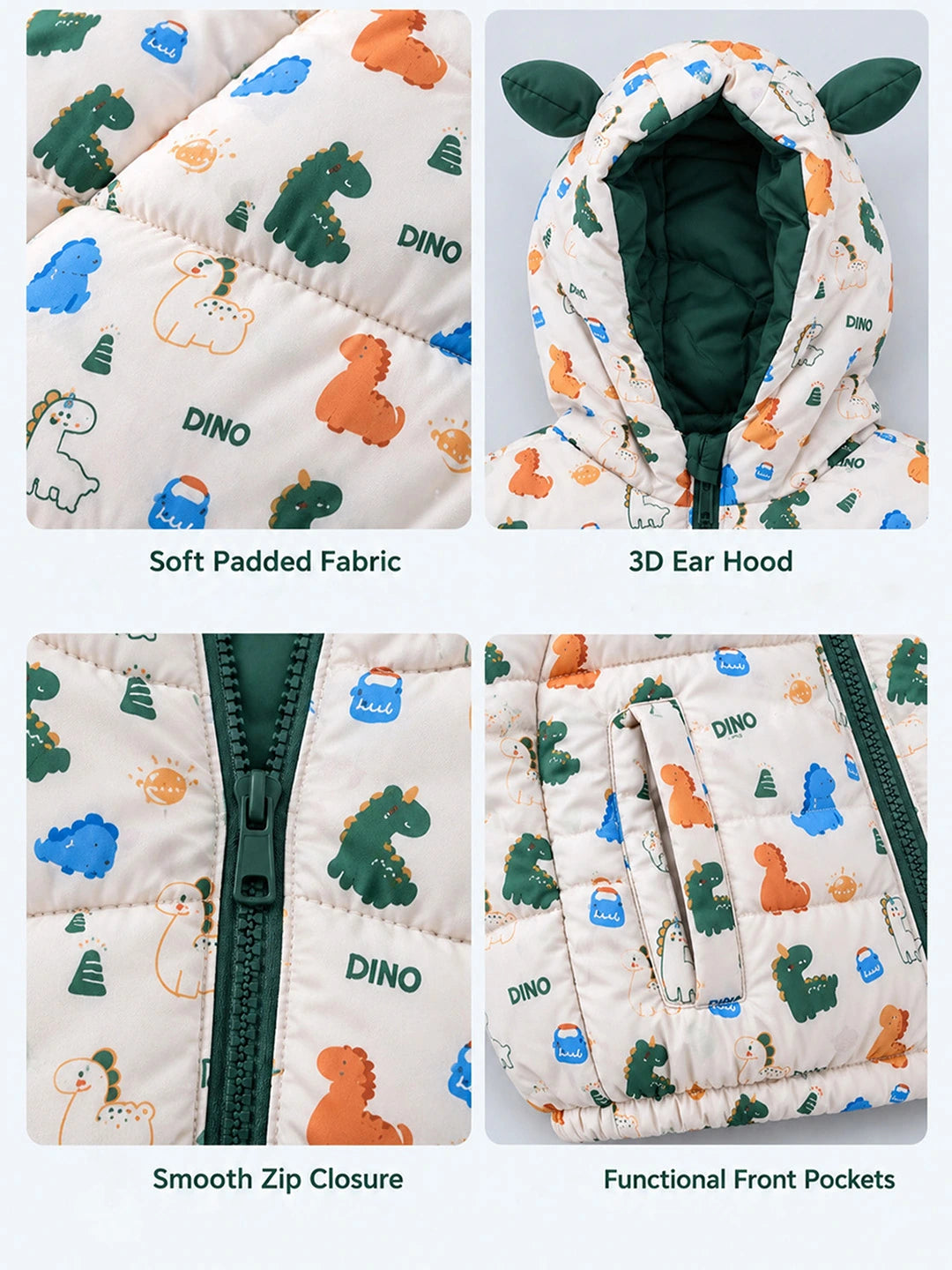 Cream & Green Baby Dino Quilted Hooded Winter Jacket for Kids