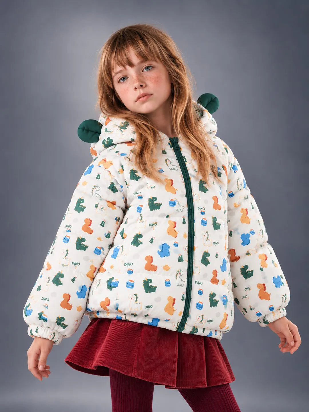 Cream & Green Baby Dino Quilted Hooded Winter Jacket for Kids