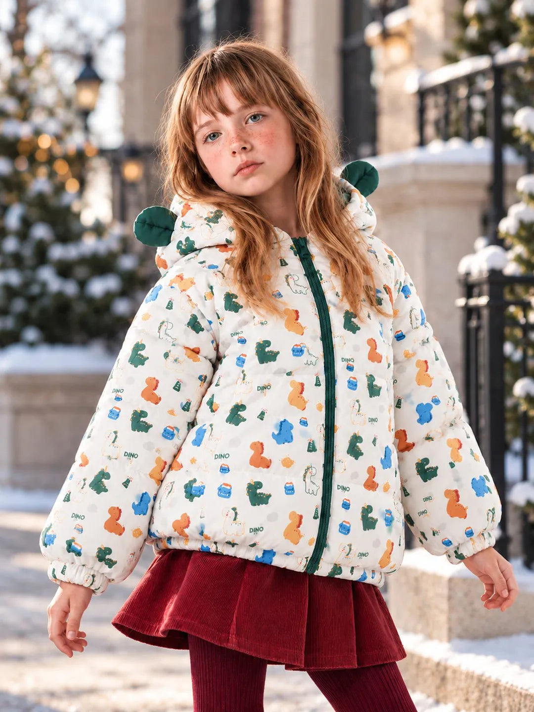 Cream & Green Baby Dino Quilted Hooded Winter Jacket for Kids