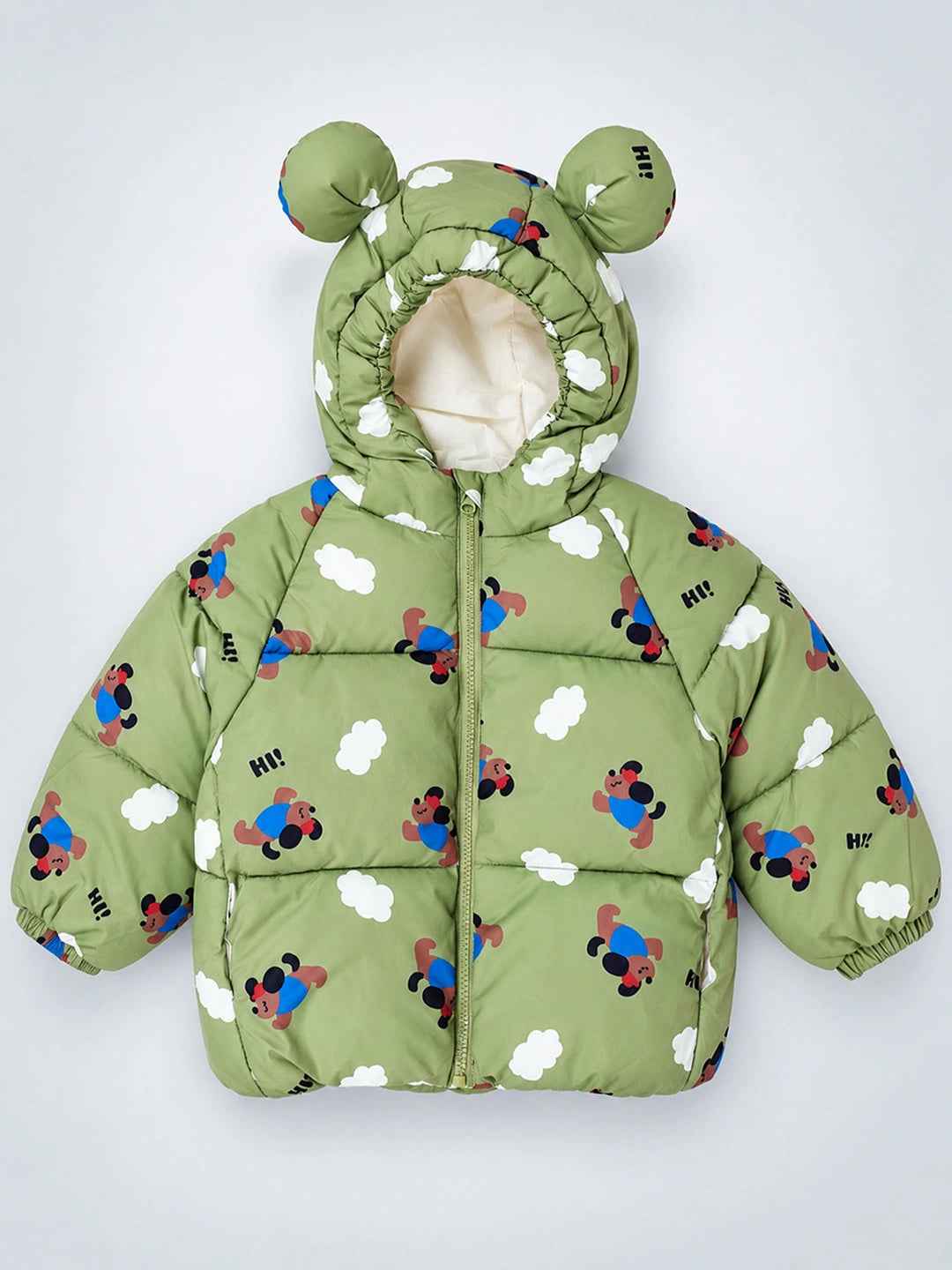 Sage Green Puppy & Cloud Quilted Hooded Winter Jacket for Kids