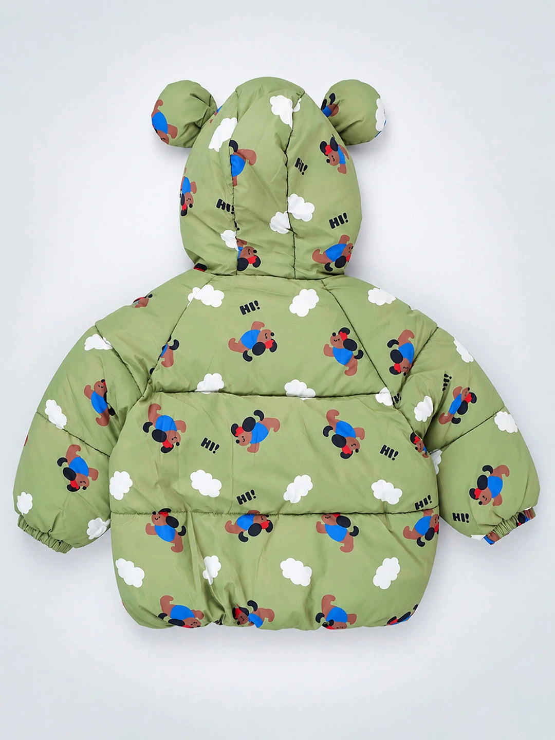Sage Green Puppy & Cloud Quilted Hooded Winter Jacket for Kids