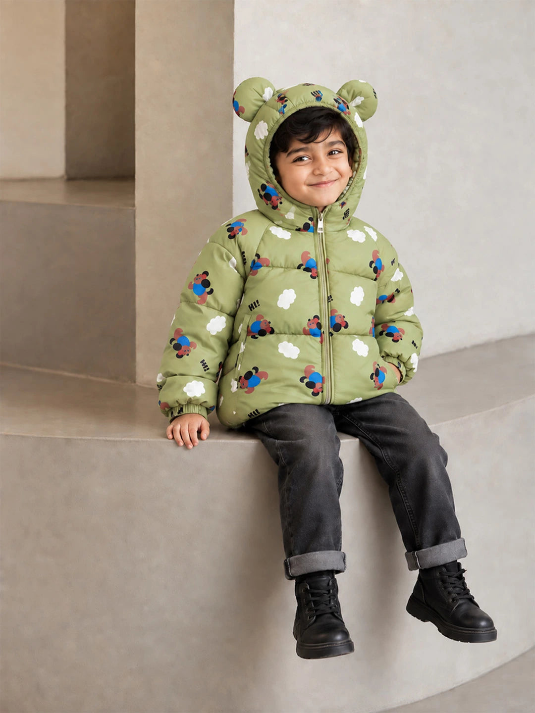 Sage Green Puppy & Cloud Quilted Hooded Winter Jacket for Kids