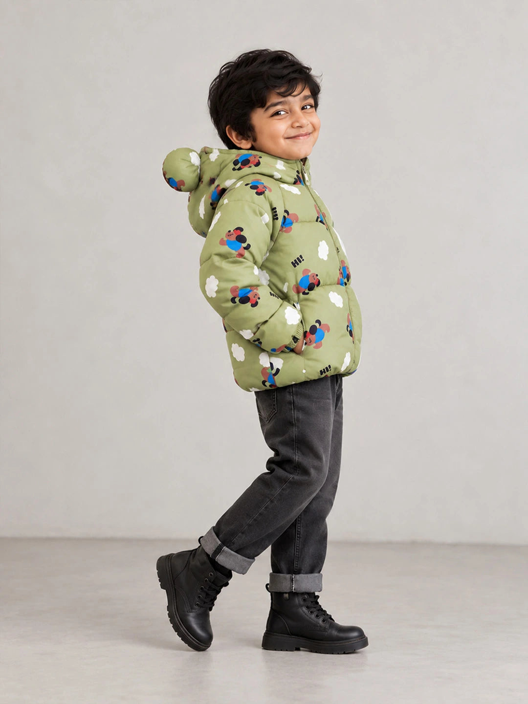 Sage Green Puppy & Cloud Quilted Hooded Winter Jacket for Kids