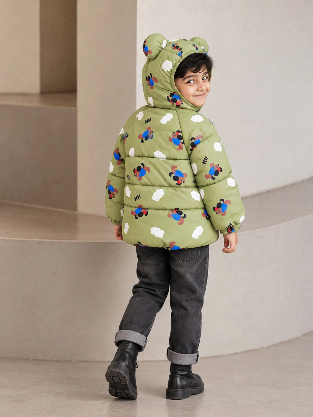 Sage Green Puppy & Cloud Quilted Hooded Winter Jacket for Kids