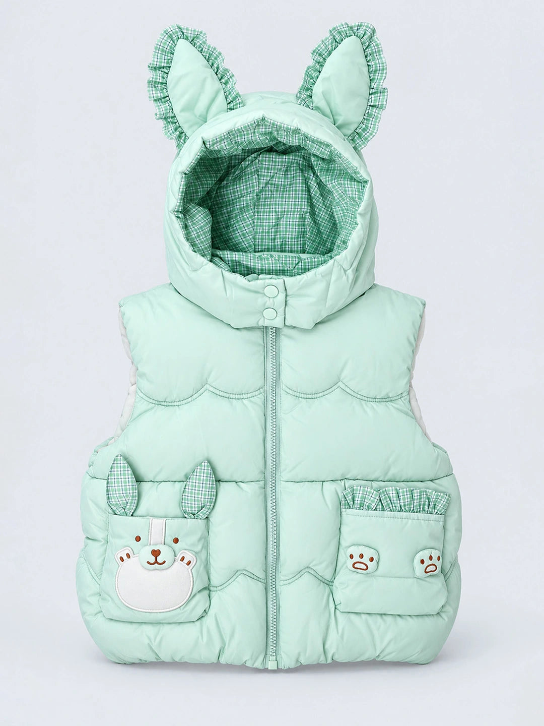 Green Bunny-Themed Quilted Hooded Sleeveless Winter Jacket for Kids
