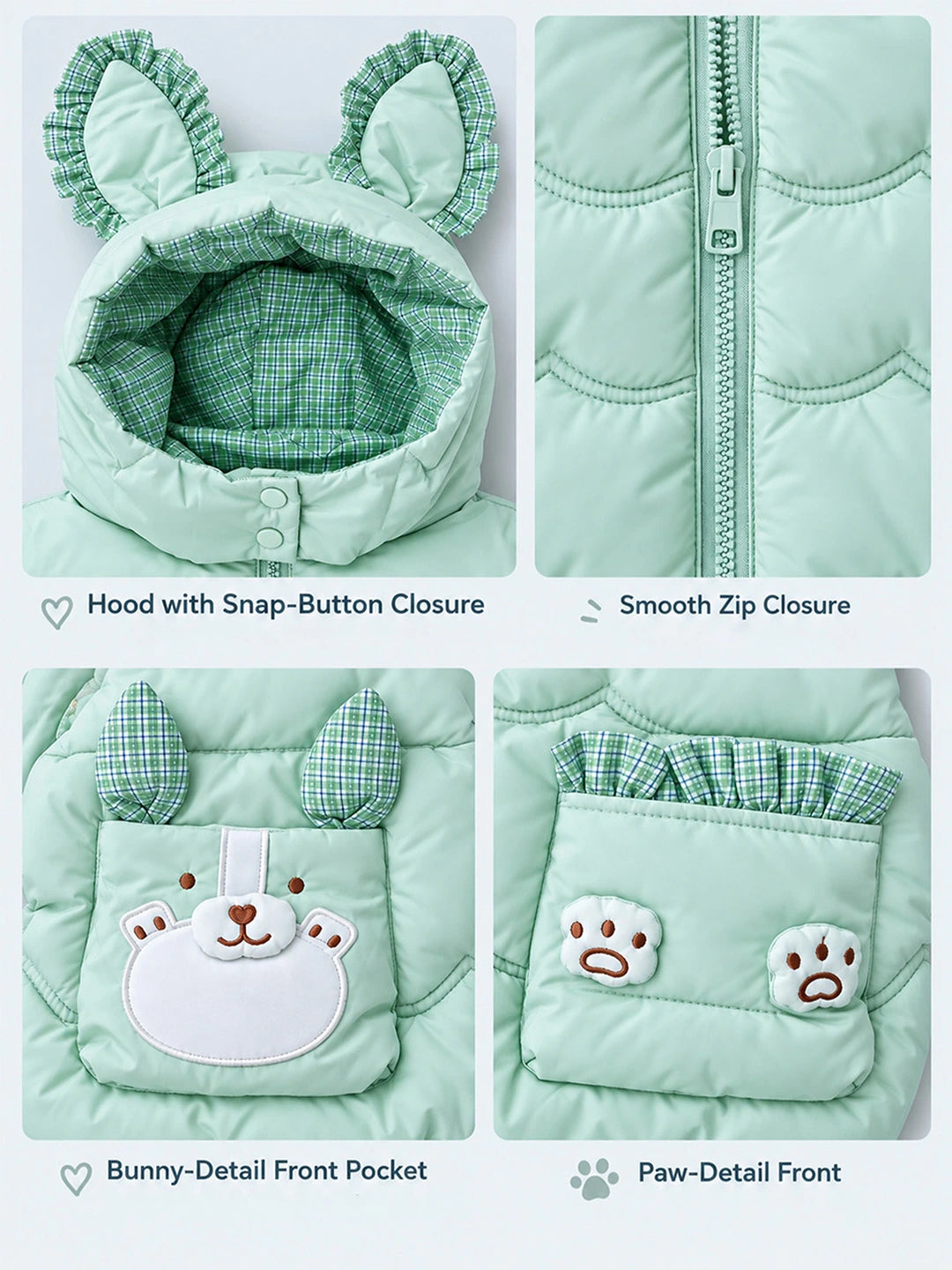 Green Bunny-Themed Quilted Hooded Sleeveless Winter Jacket for Kids