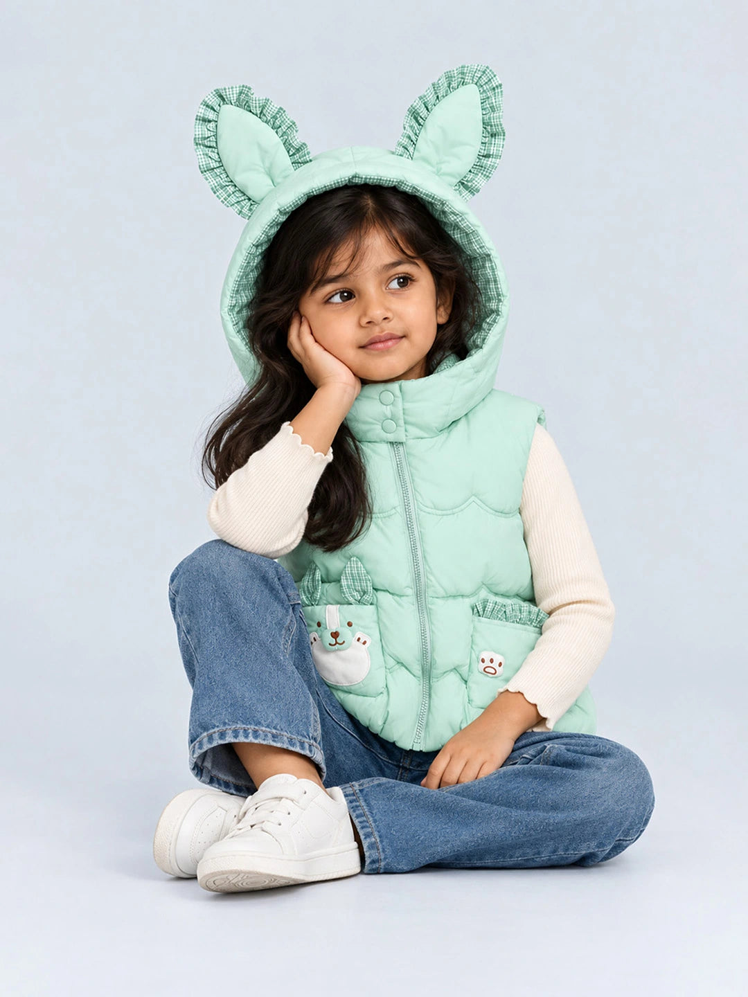 Green Bunny-Themed Quilted Hooded Sleeveless Winter Jacket for Kids