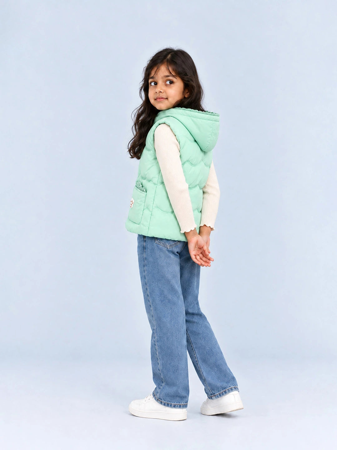 Green Bunny-Themed Quilted Hooded Sleeveless Winter Jacket for Kids