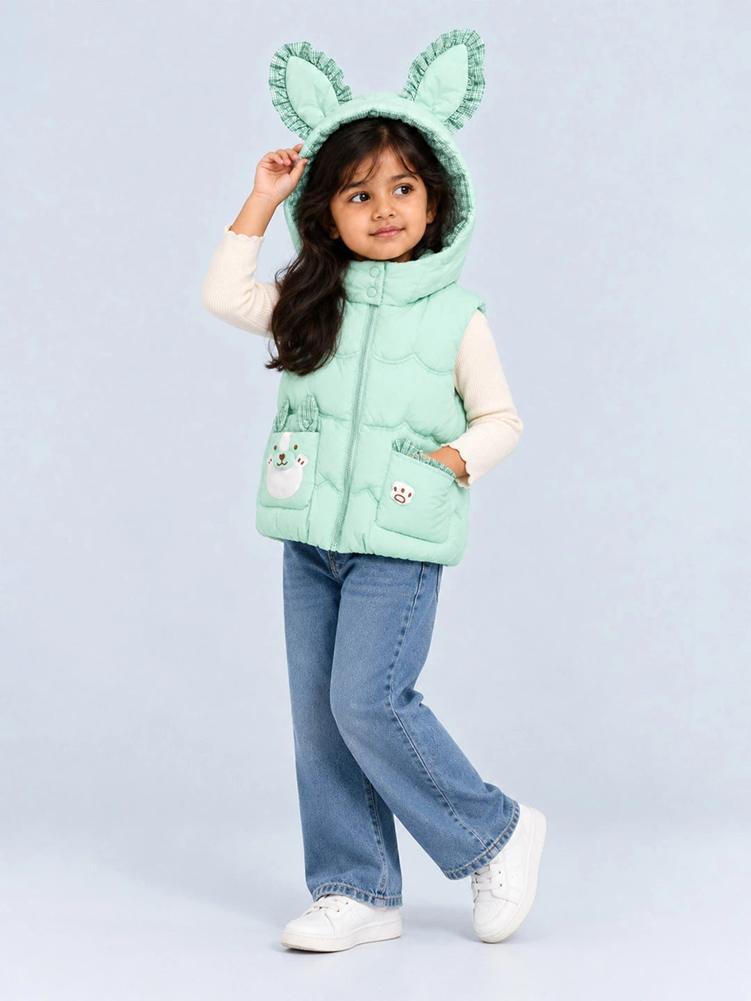 Green Bunny-Themed Quilted Hooded Sleeveless Winter Jacket for Kids