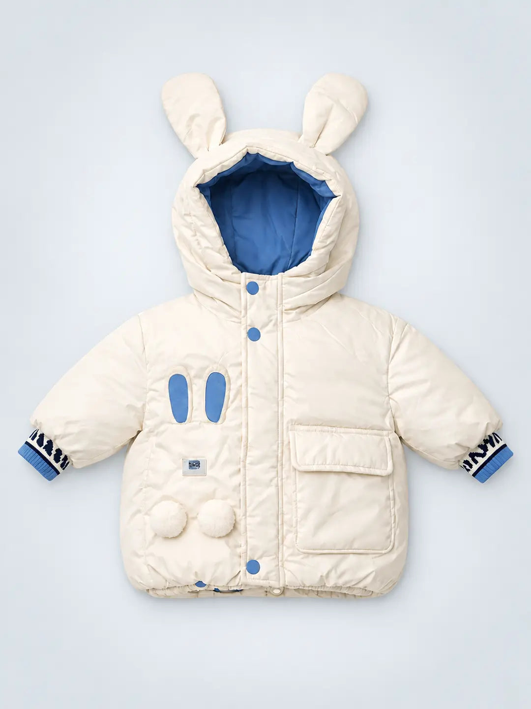 Ivory & Blue Bunny-Themed Quilted Hooded Winter Jacket for Kids