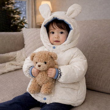 Ivory & Blue Bunny-Themed Quilted Hooded Winter Jacket for Kids