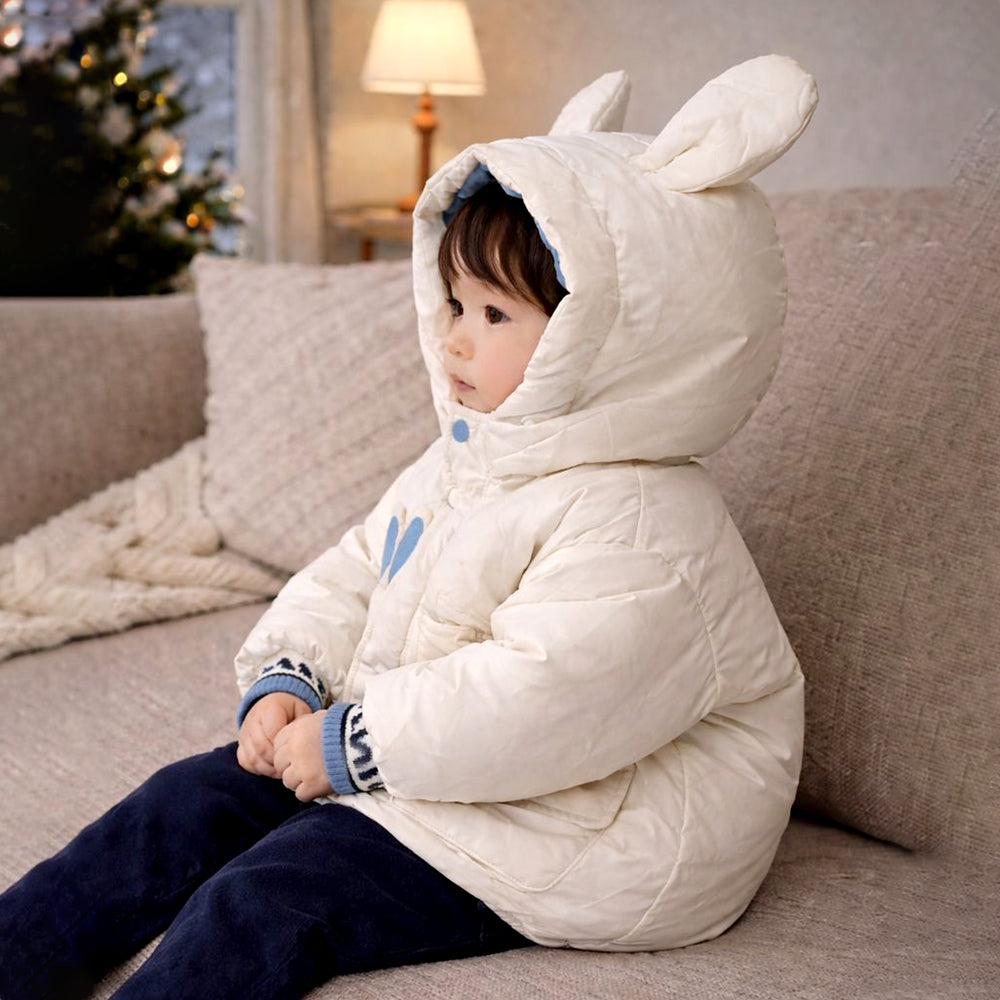 Ivory & Blue Bunny-Themed Quilted Hooded Winter Jacket for Kids