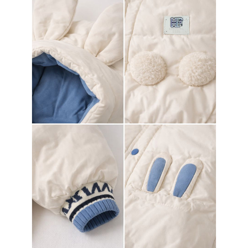 Ivory & Blue Bunny-Themed Quilted Hooded Winter Jacket for Kids