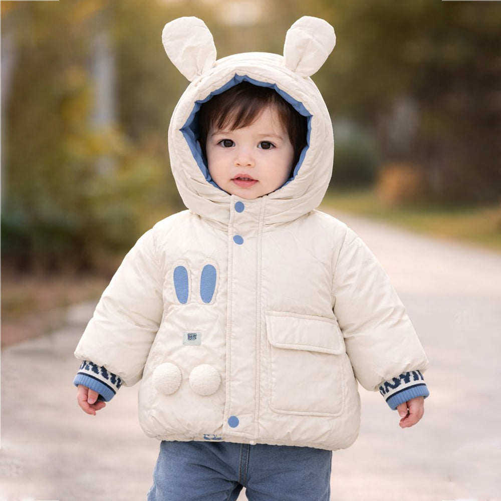 Ivory & Blue Bunny-Themed Quilted Hooded Winter Jacket for Kids