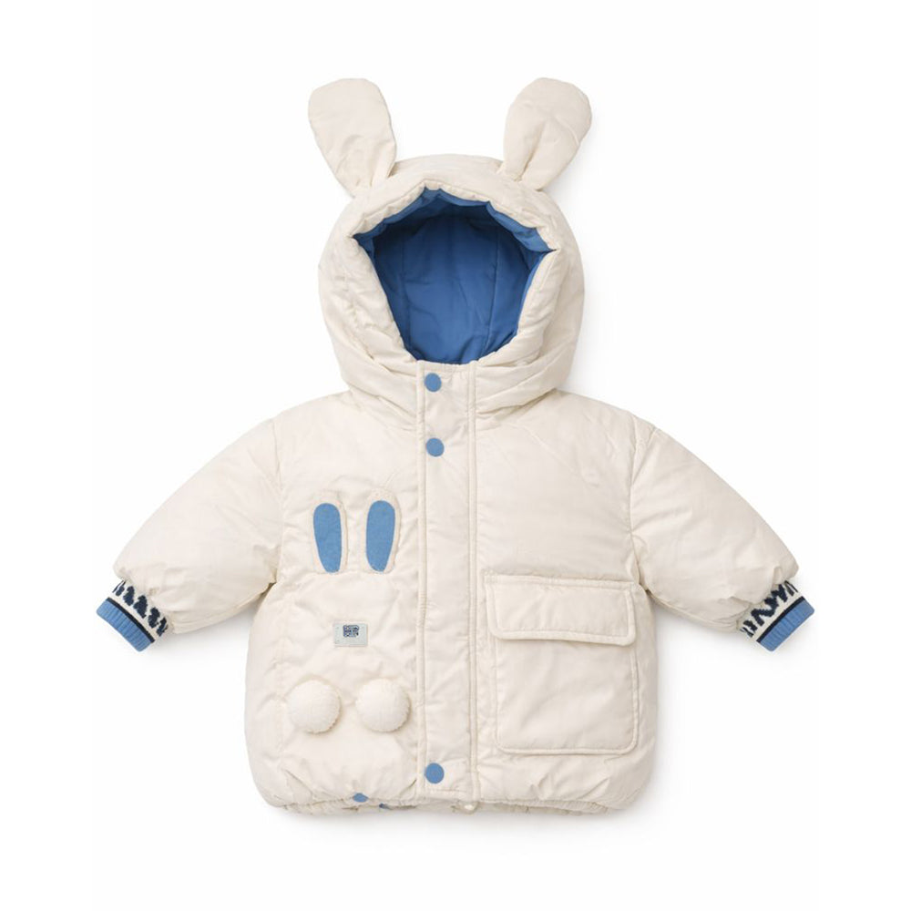 Ivory & Blue Bunny-Themed Quilted Hooded Winter Jacket for Kids
