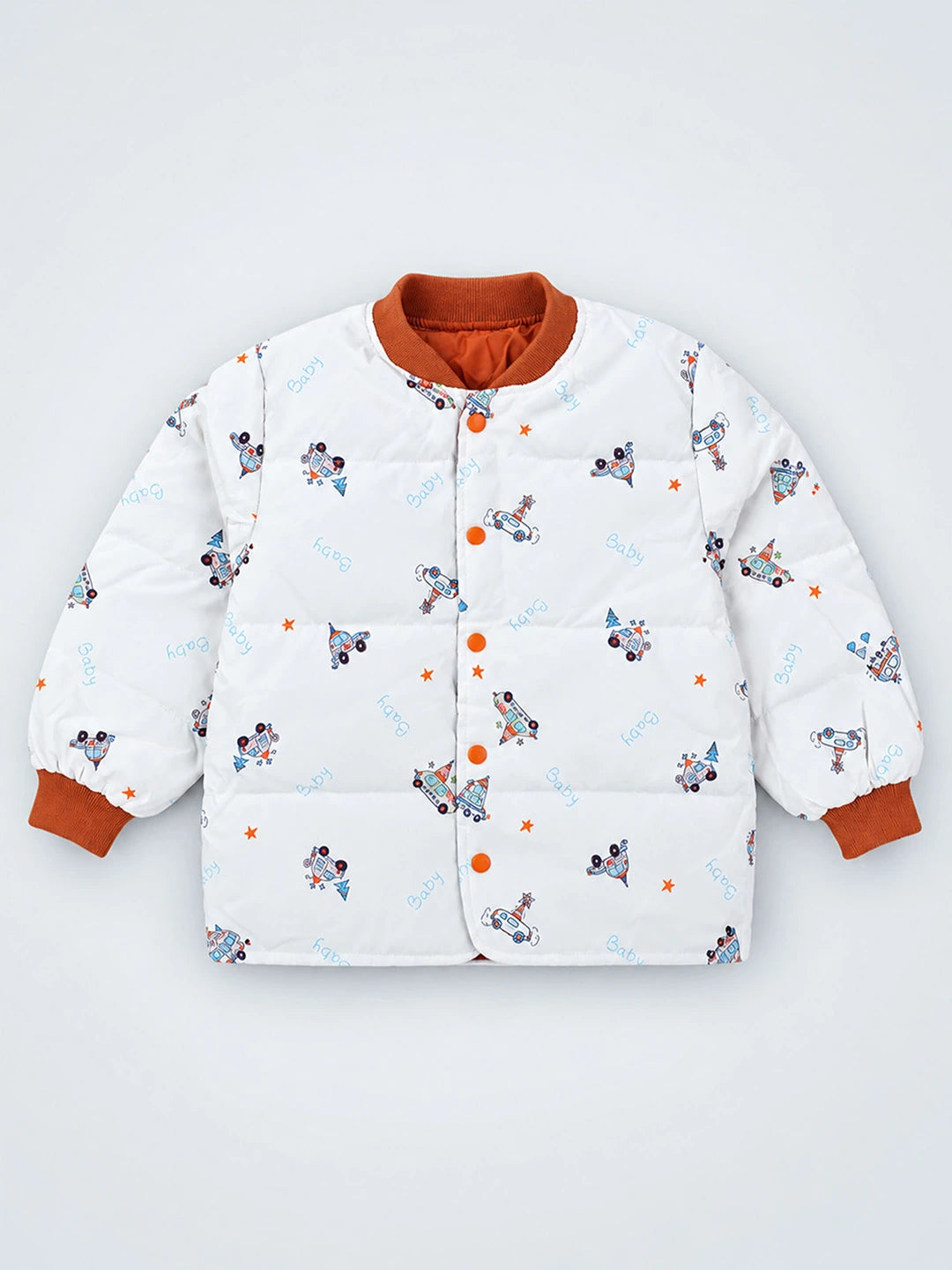 Ivory & Brown Plane Quilted Bomber Winter Jacket for Kids