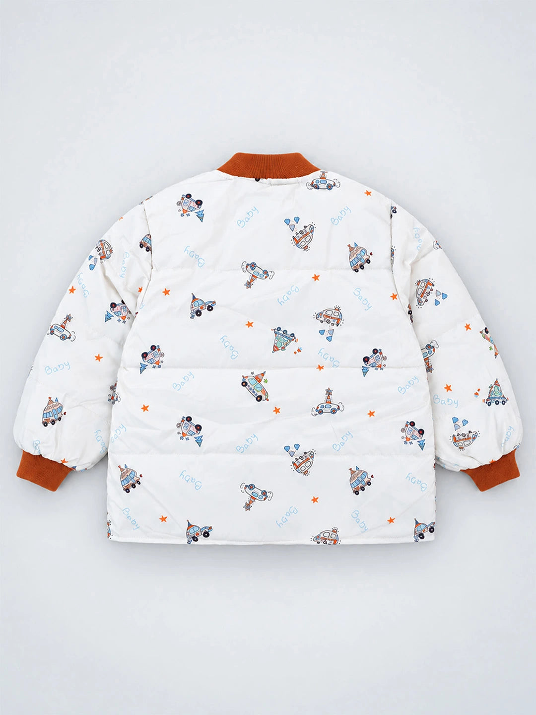 Ivory & Brown Plane Quilted Bomber Winter Jacket for Kids