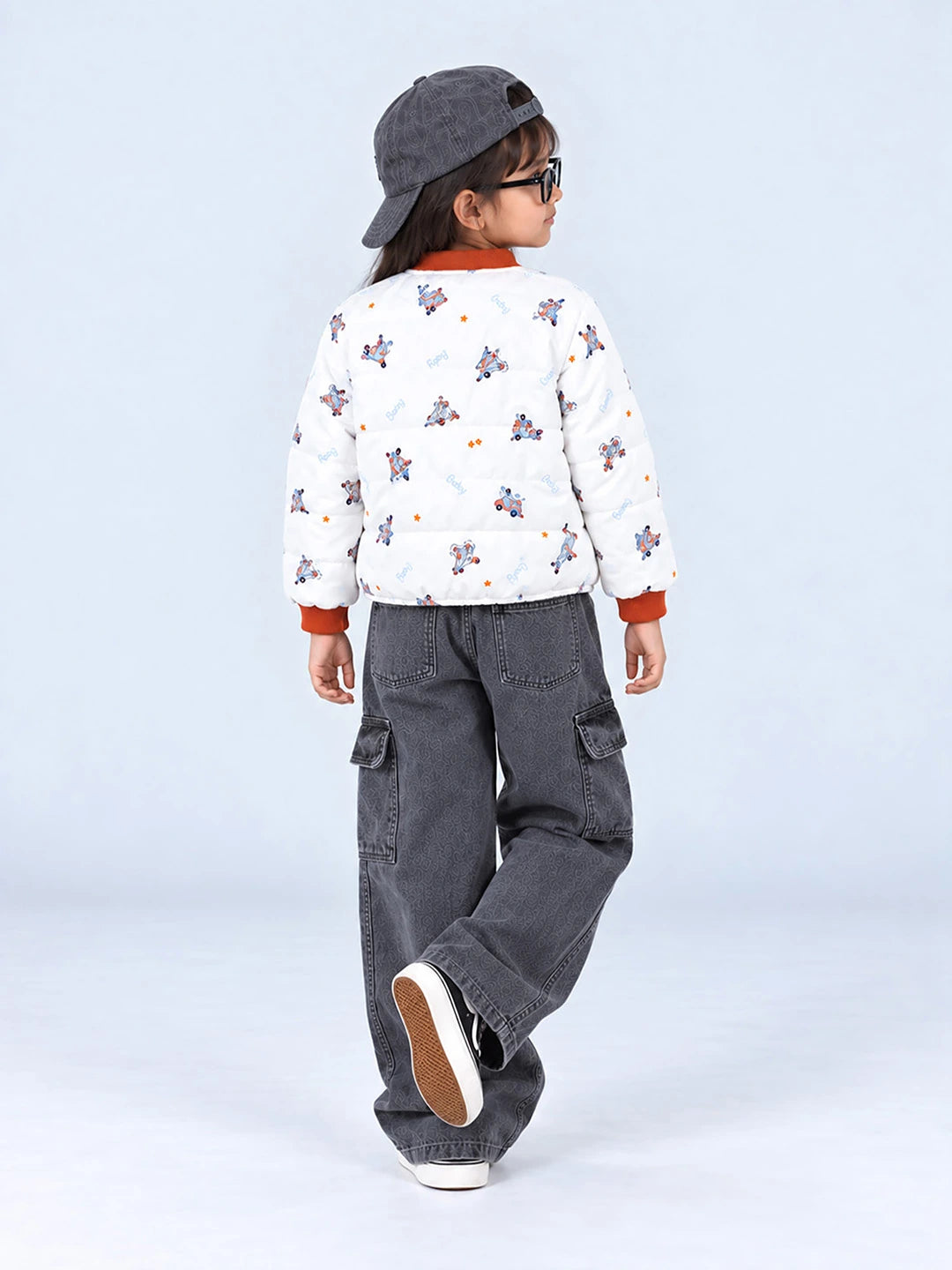 Ivory & Brown Plane Quilted Bomber Winter Jacket for Kids