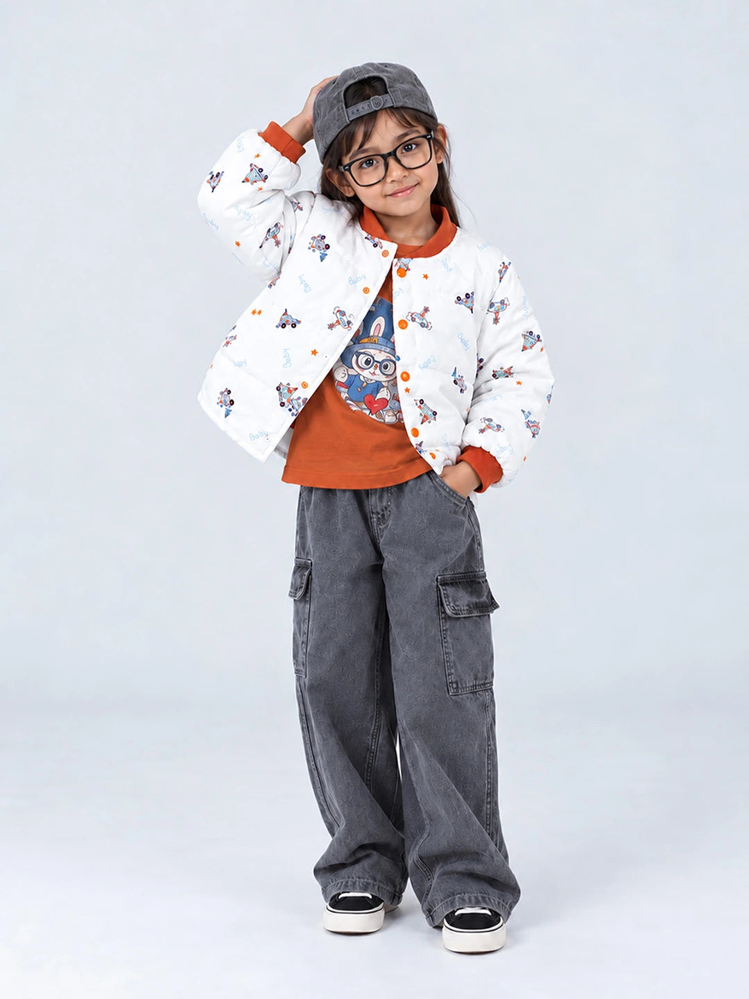 Ivory & Brown Plane Quilted Bomber Winter Jacket for Kids