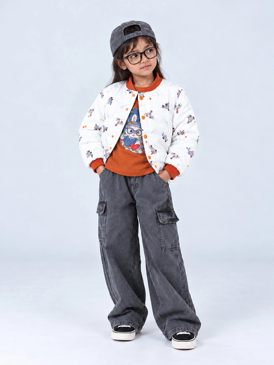 Ivory & Brown Plane Quilted Bomber Winter Jacket for Kids