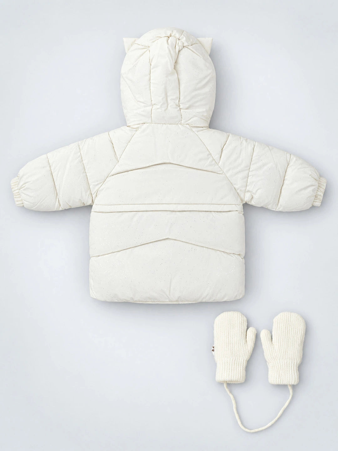 Ivory Cat Glitter Quilted Hooded Winter Jacket with Mittens for Kids