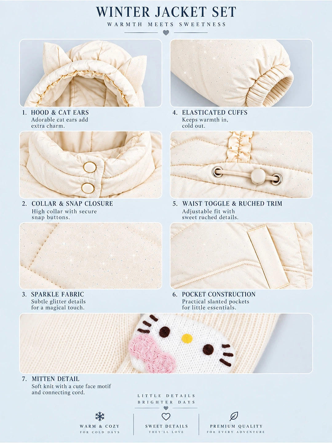 Ivory Cat Glitter Quilted Hooded Winter Jacket with Mittens for Kids