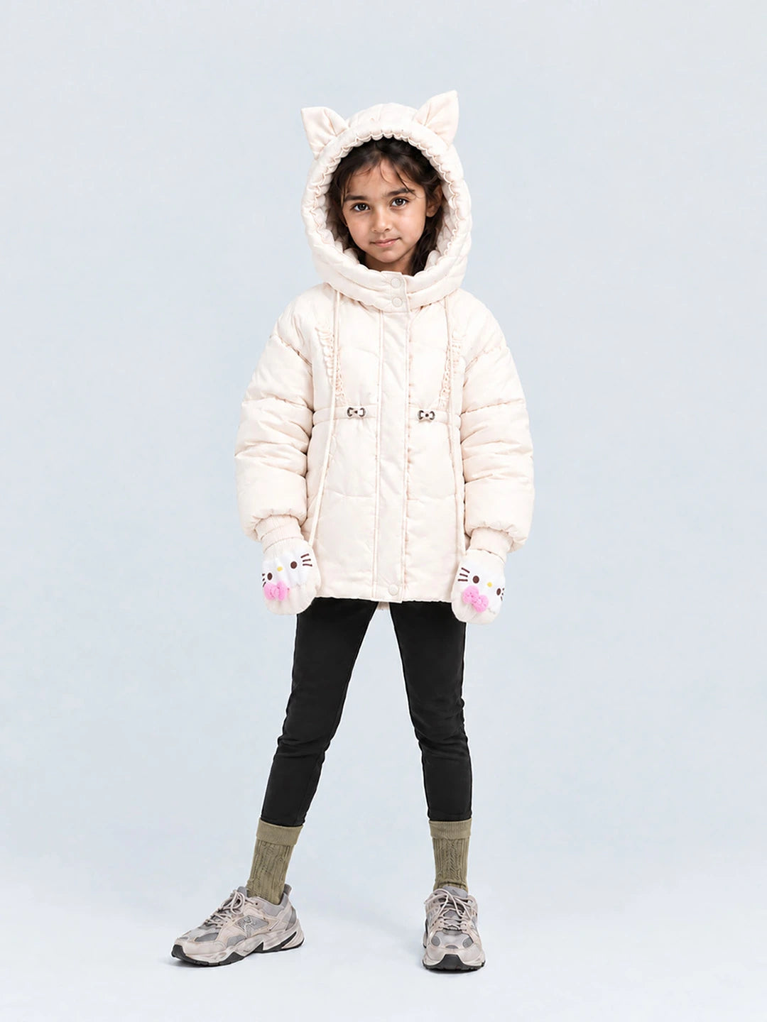 Ivory Cat Glitter Quilted Hooded Winter Jacket with Mittens for Kids