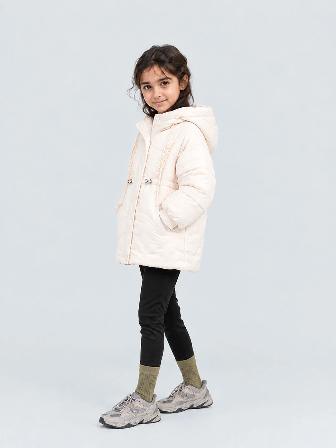 Ivory Cat Glitter Quilted Hooded Winter Jacket with Mittens for Kids