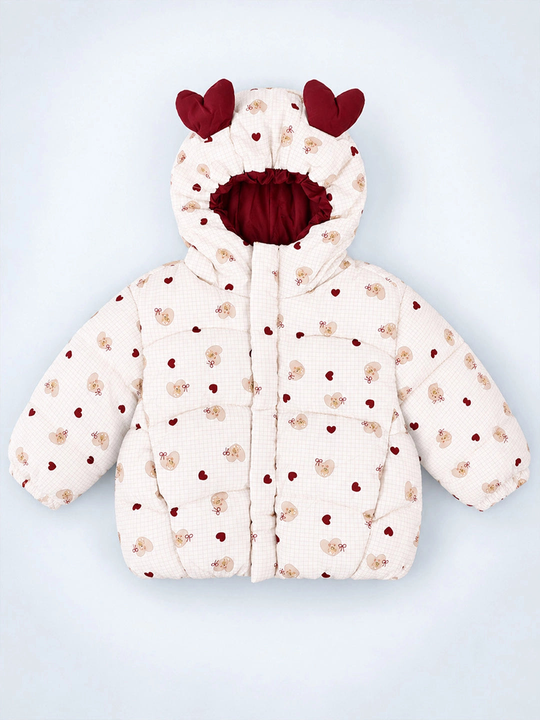 Cream & Maroon Heart Teddy Quilted Hooded Winter Jacket for Kids