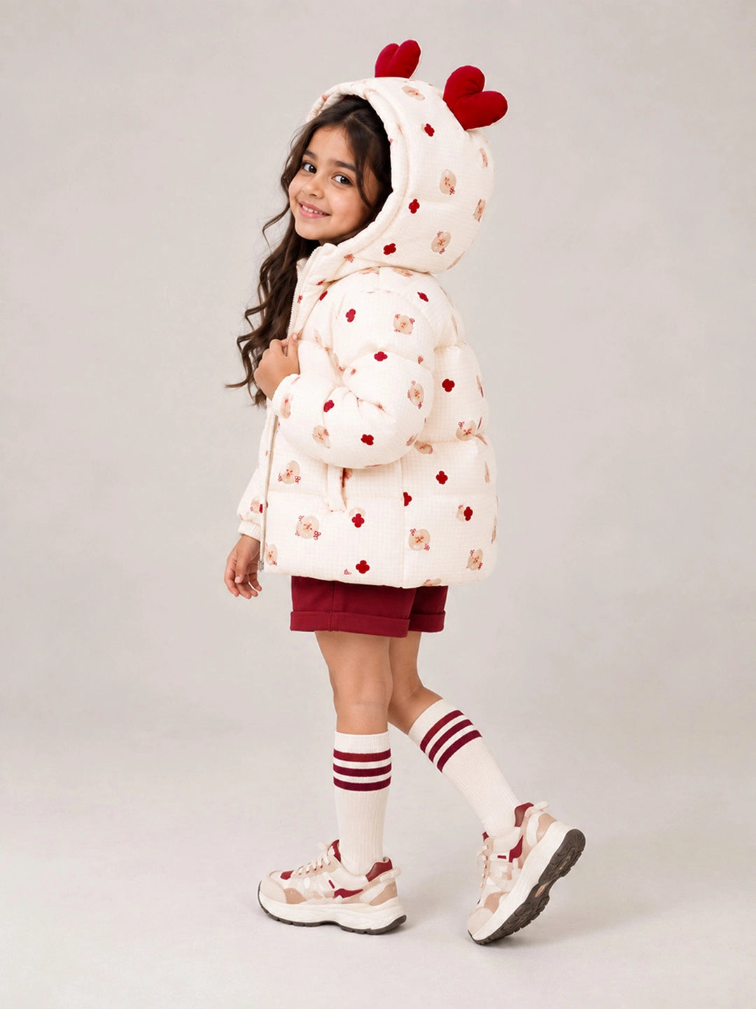 Cream & Maroon Heart Teddy Quilted Hooded Winter Jacket for Kids