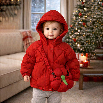 Maroon Puffer Quilted Hooded Winter Jacket for Kids