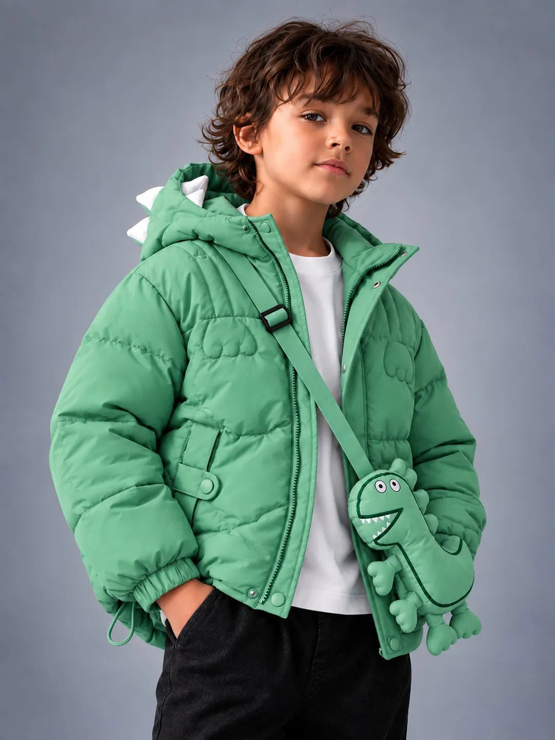 Mint Green Dino-Themed Quilted Hooded Winter Jacket for Kids
