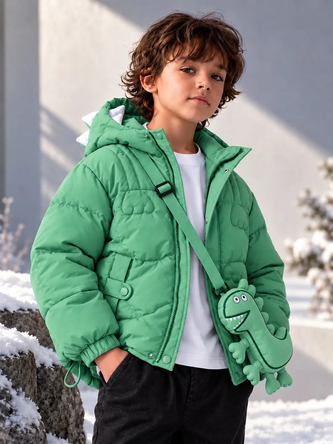 Mint Green Dino-Themed Quilted Hooded Winter Jacket for Kids