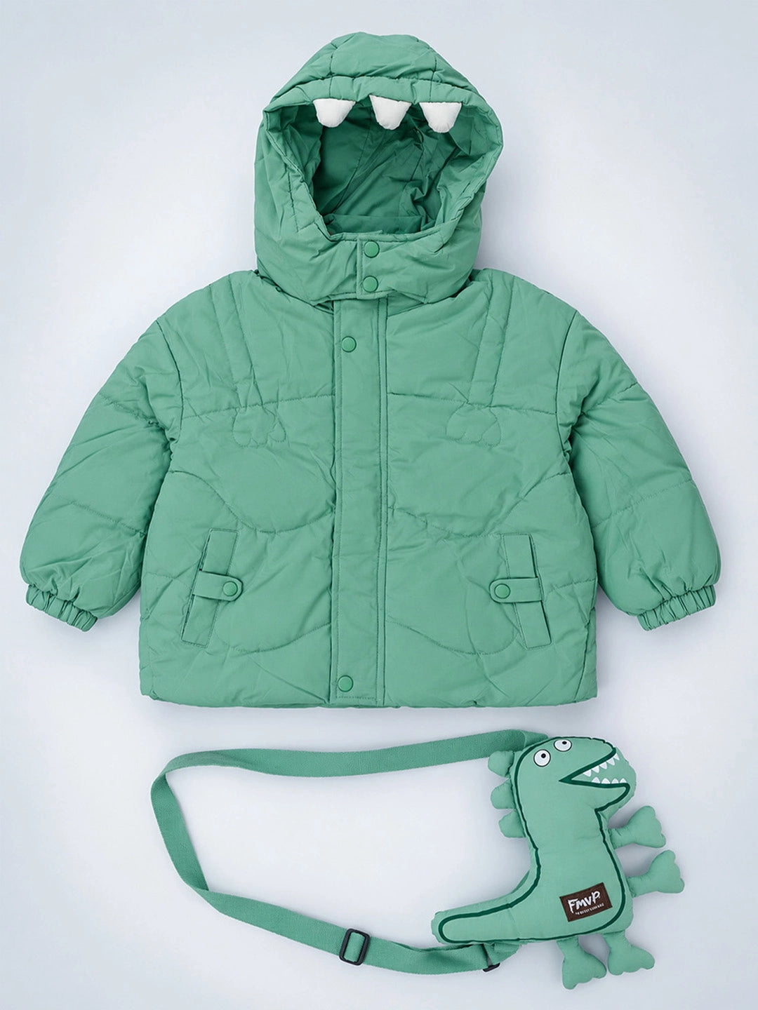 Mint Green Dino-Themed Quilted Hooded Winter Jacket for Kids